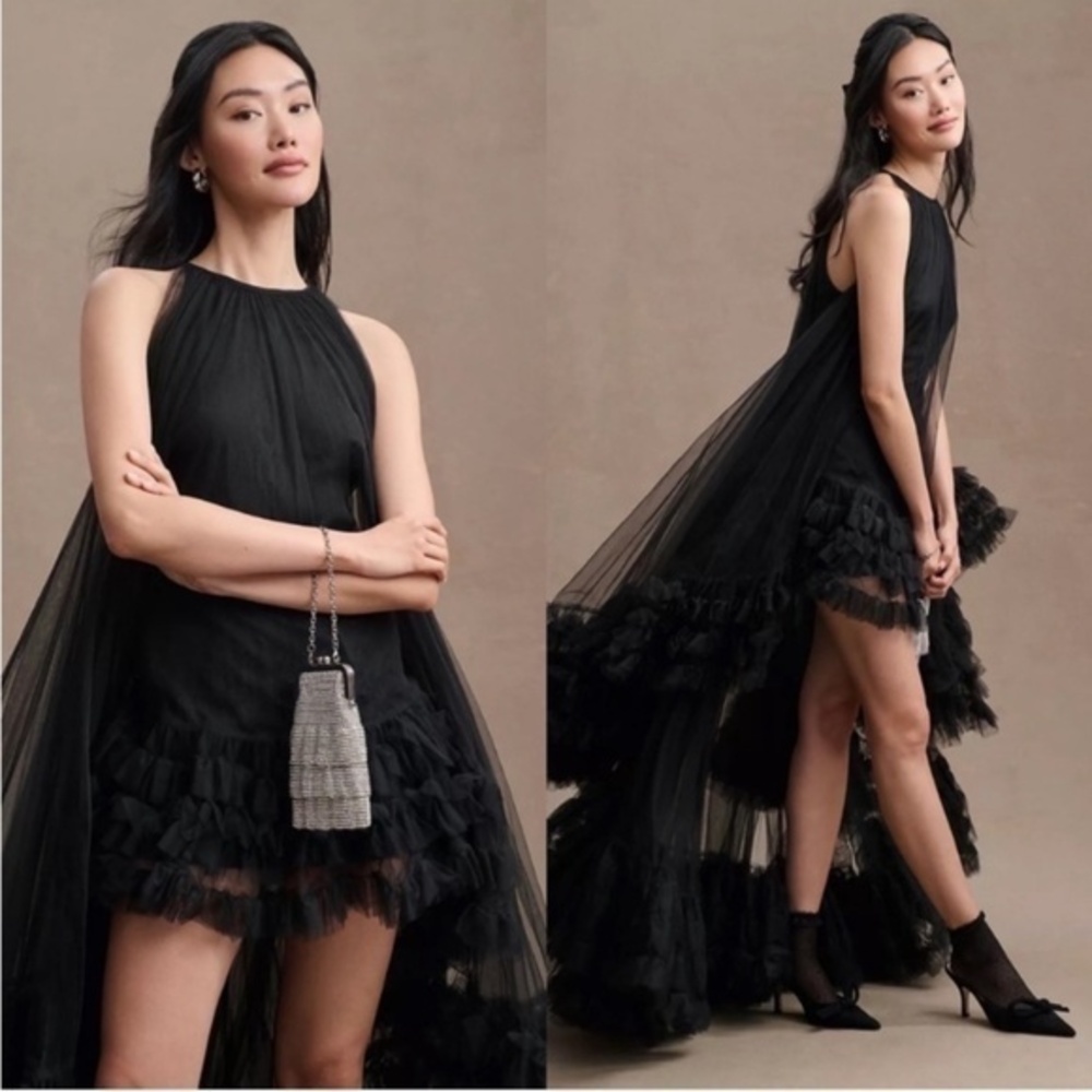 Mac Duggal Black Tulle High Neck Sleeveless Ruffled Hem Hi-Low Gown